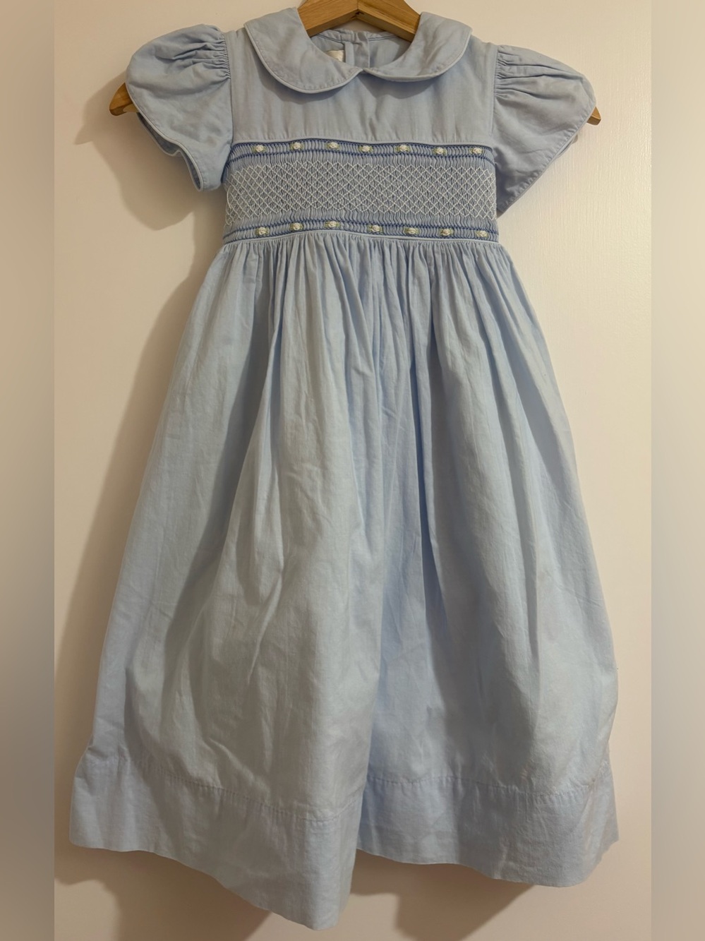 Vintage Strasburg Hand Smocked  Light Blue Peter Pan Collar Rose Dress